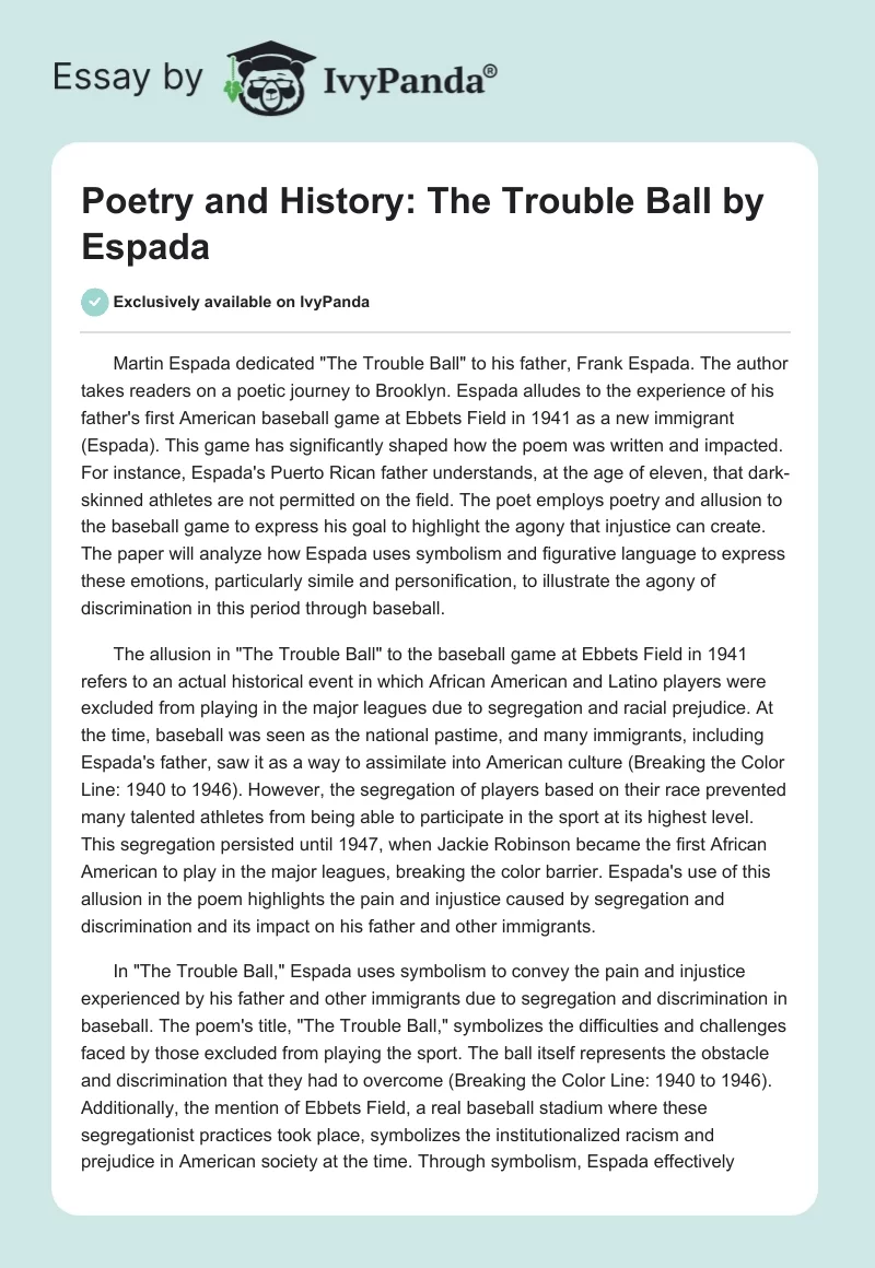 Poetry and History: "The Trouble Ball" by Espada. Page 1