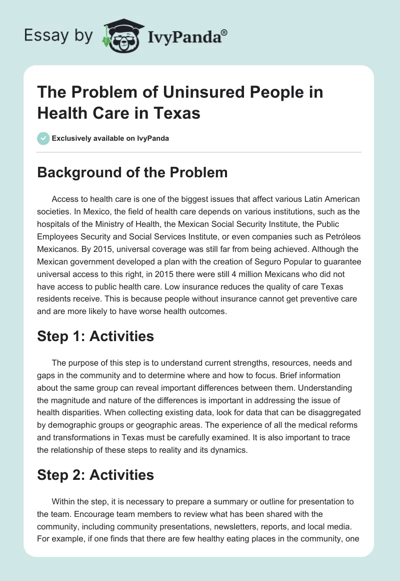 The Problem of Uninsured People in Health Care in Texas. Page 1