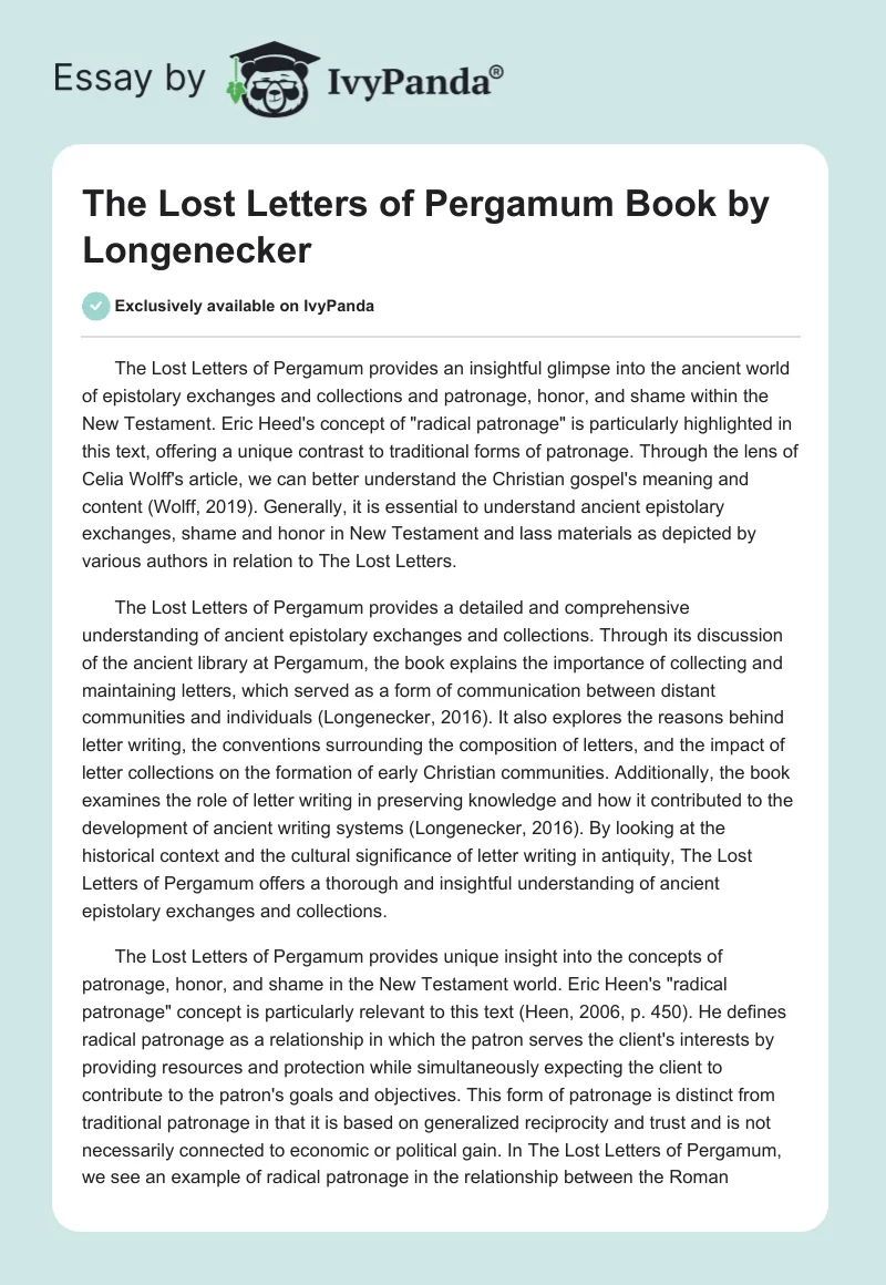 "The Lost Letters of Pergamum" Book by Longenecker. Page 1