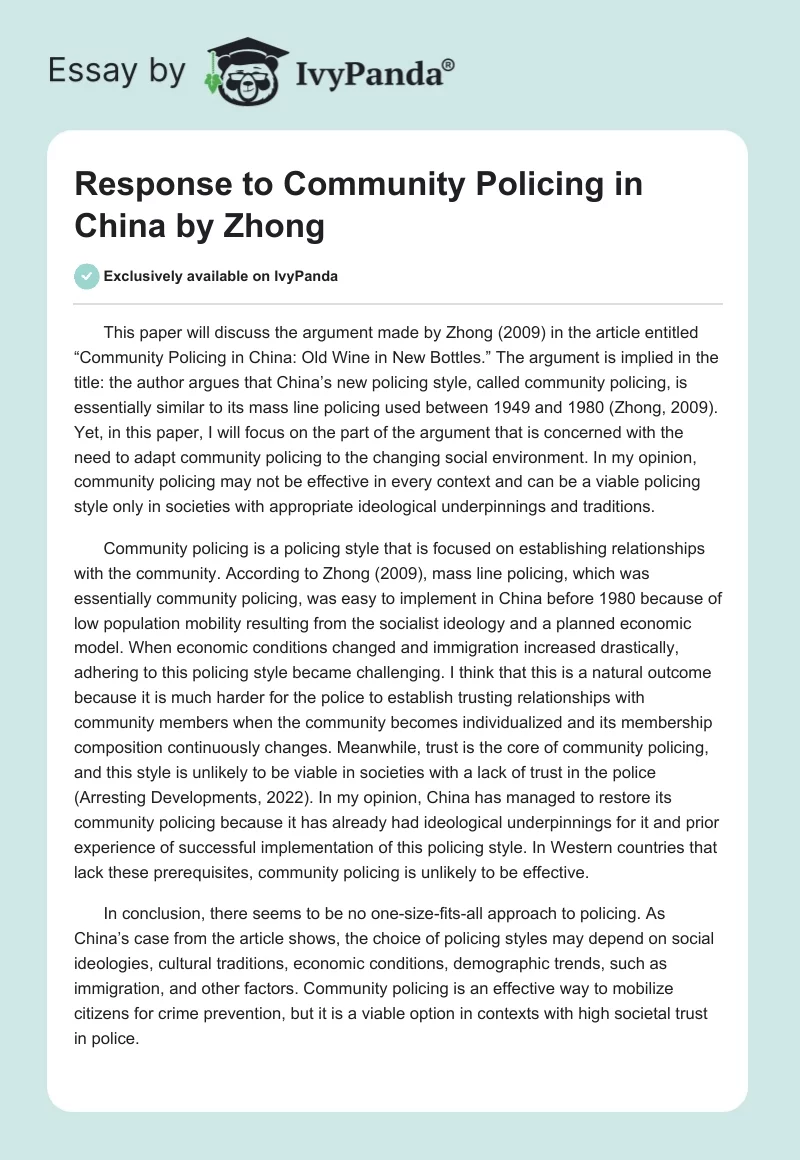Response to Community Policing in China by Zhong. Page 1