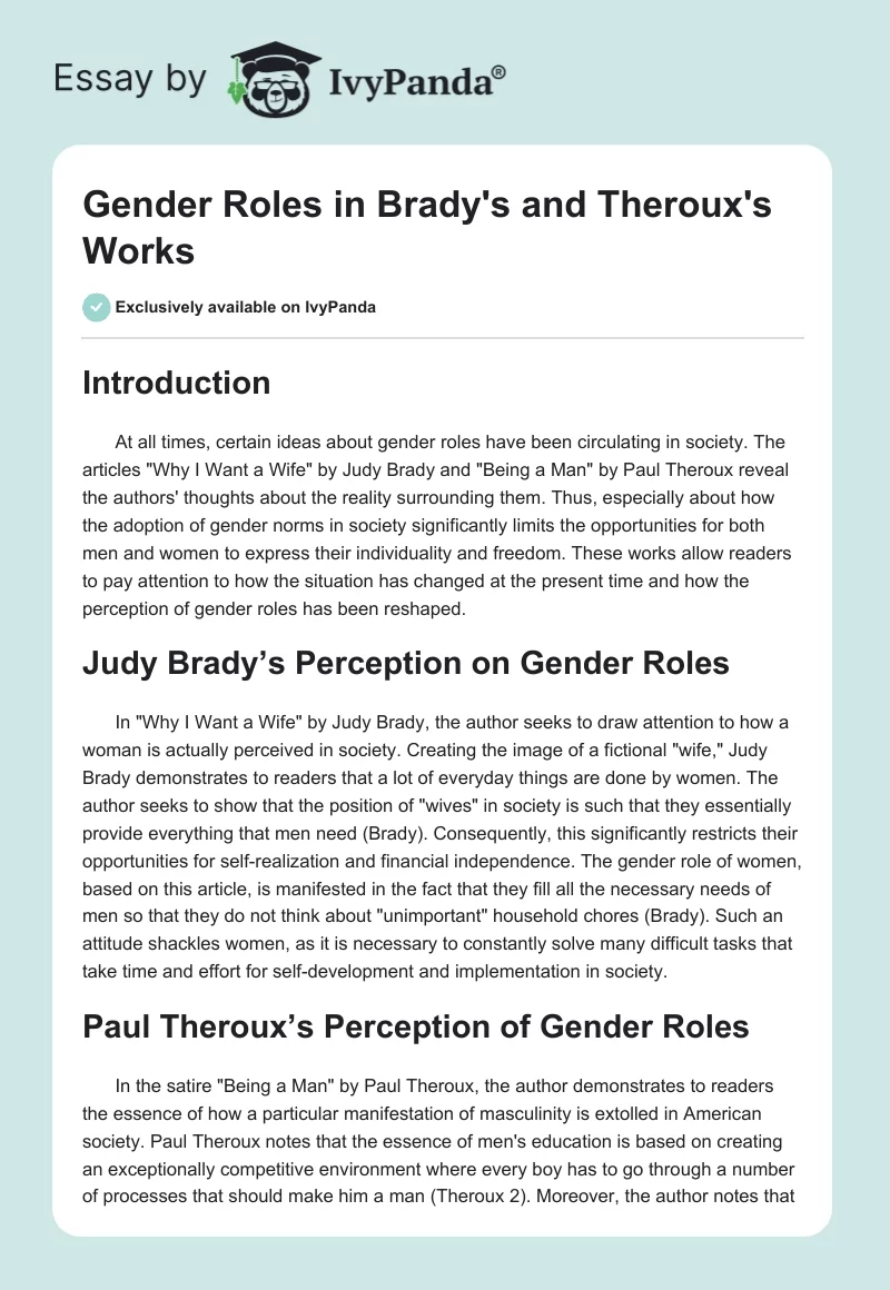 Gender Roles in Brady's and Theroux's Works. Page 1