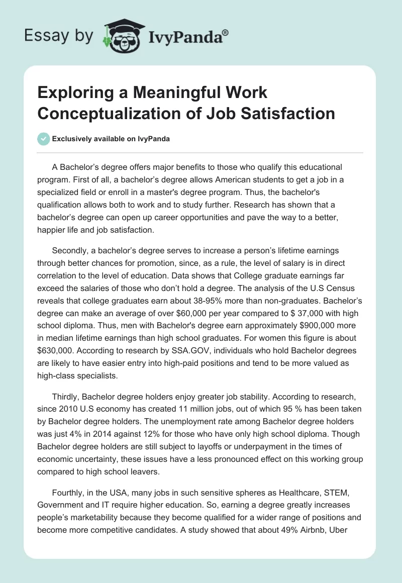 Exploring a Meaningful Work Conceptualization of Job Satisfaction. Page 1
