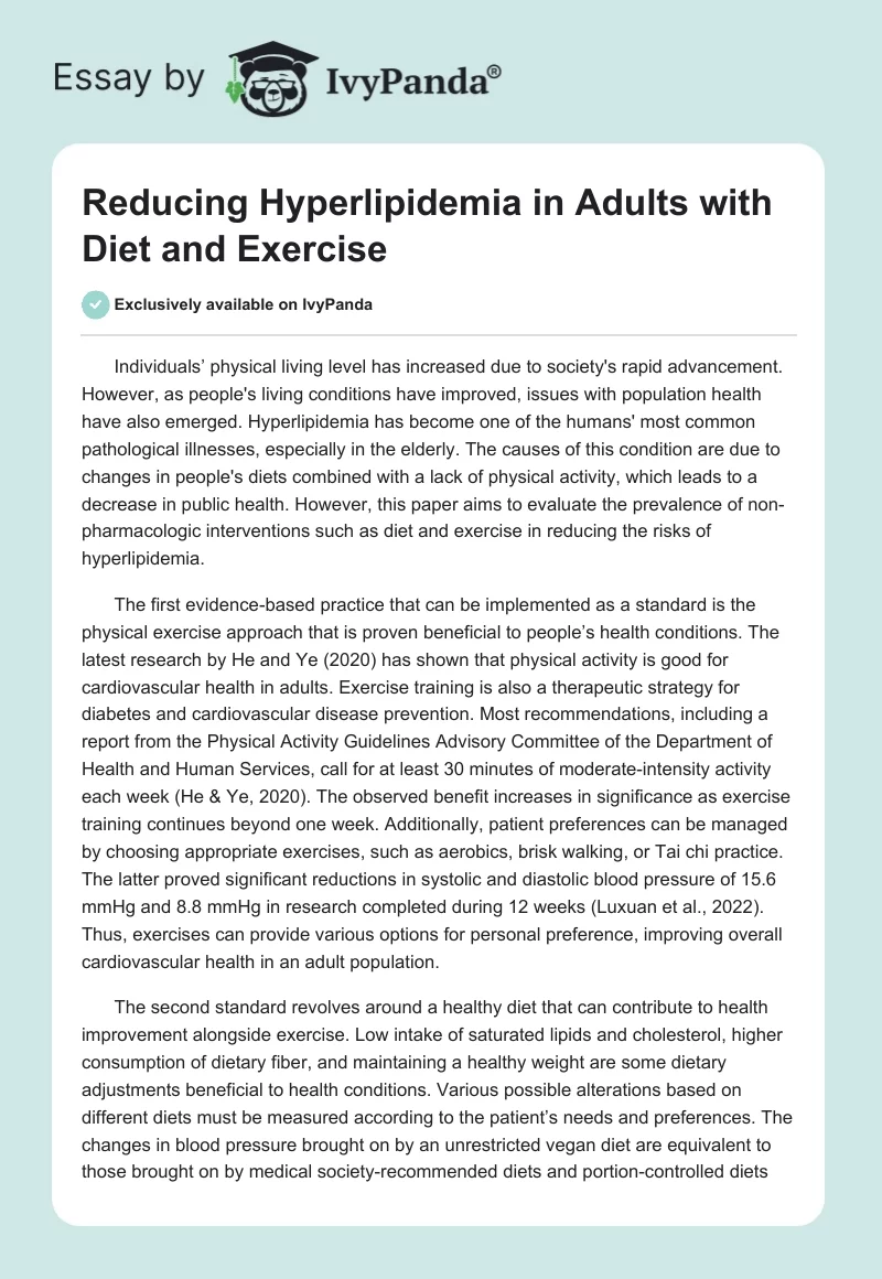 Reducing Hyperlipidemia in Adults with Diet and Exercise. Page 1