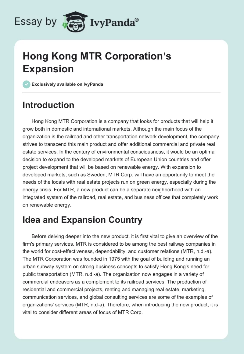 Hong Kong MTR Corporationʼs Expansion. Page 1