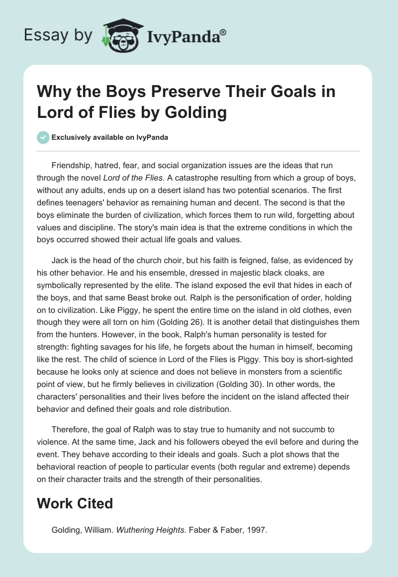 Why the Boys Preserve Their Goals in Lord of Flies by Golding. Page 1