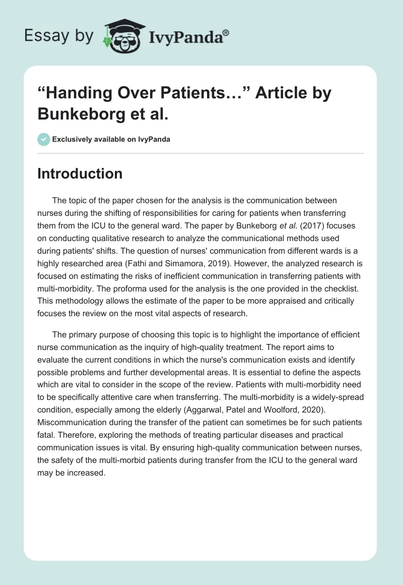 “Handing Over Patients…” Article by Bunkeborg et al.. Page 1