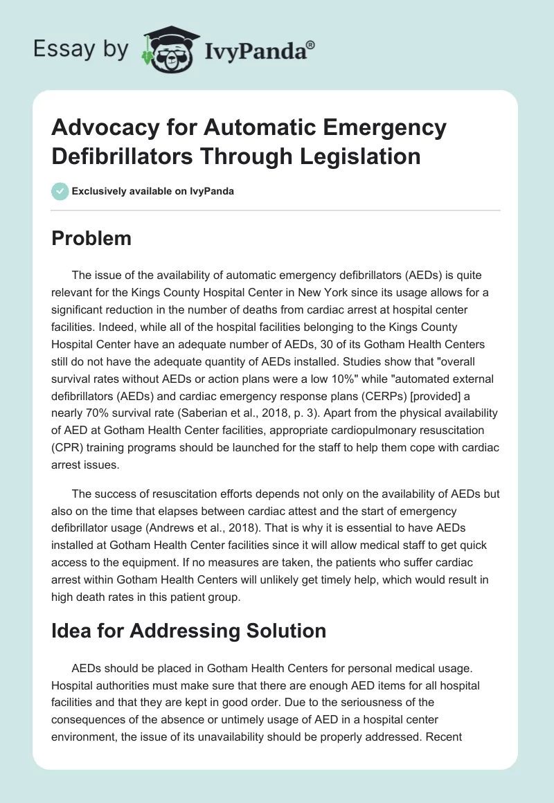Advocacy for Automatic Emergency Defibrillators Through Legislation. Page 1