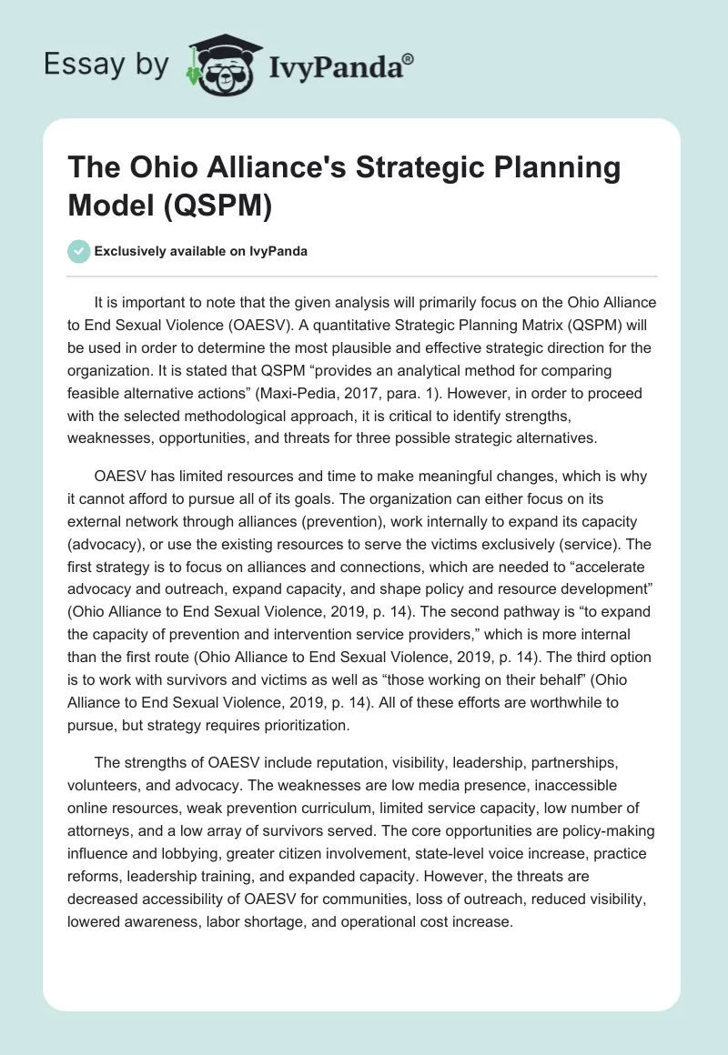 The Ohio Alliance's Strategic Planning Model (QSPM). Page 1