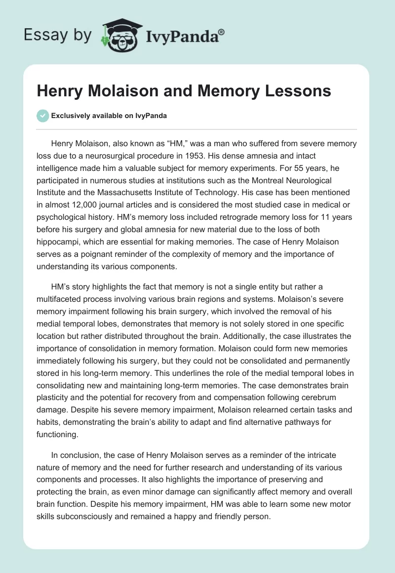 Henry Molaison and Memory Lessons. Page 1