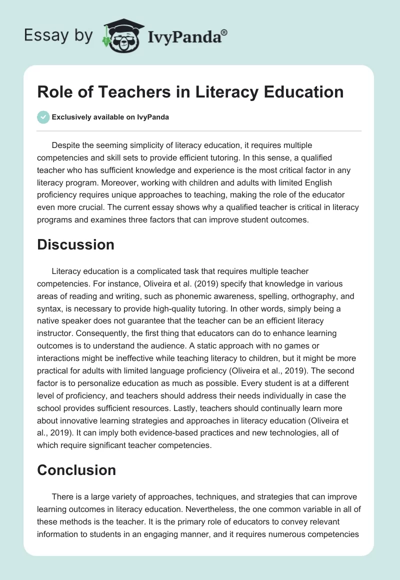 Role of Teachers in Literacy Education. Page 1