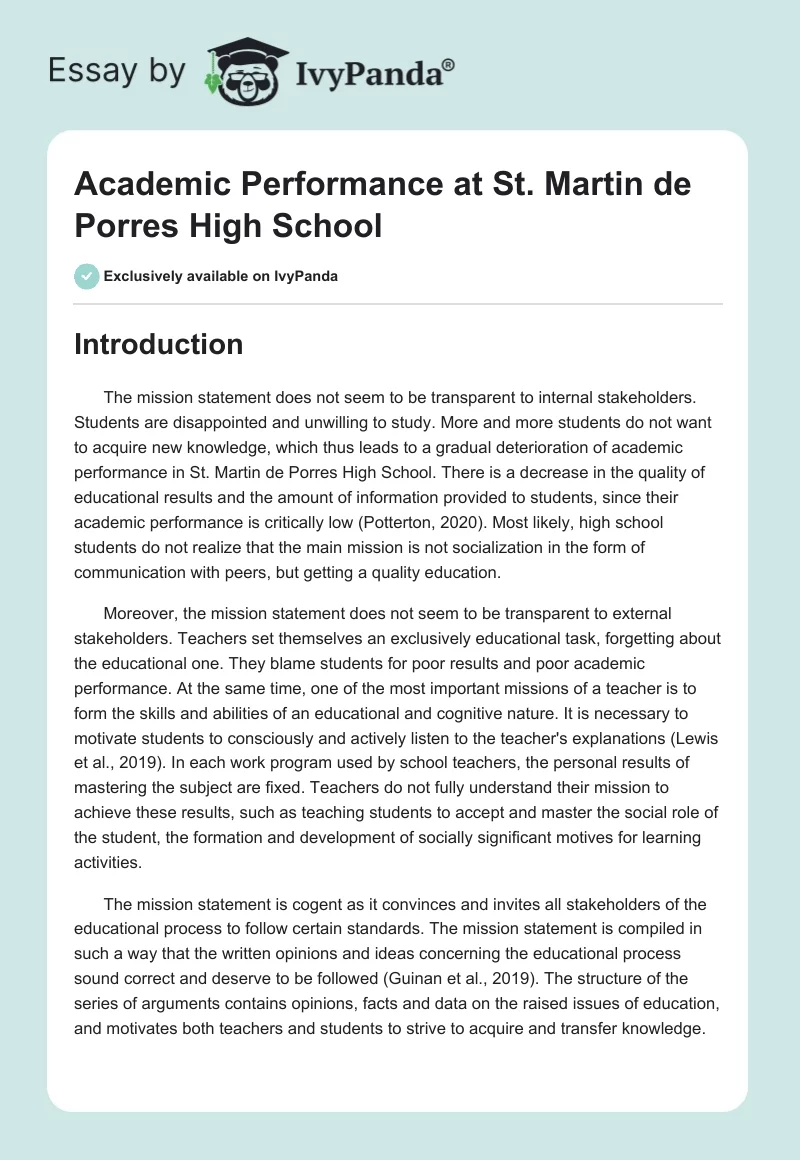 Academic Performance at St. Martin de Porres High School. Page 1