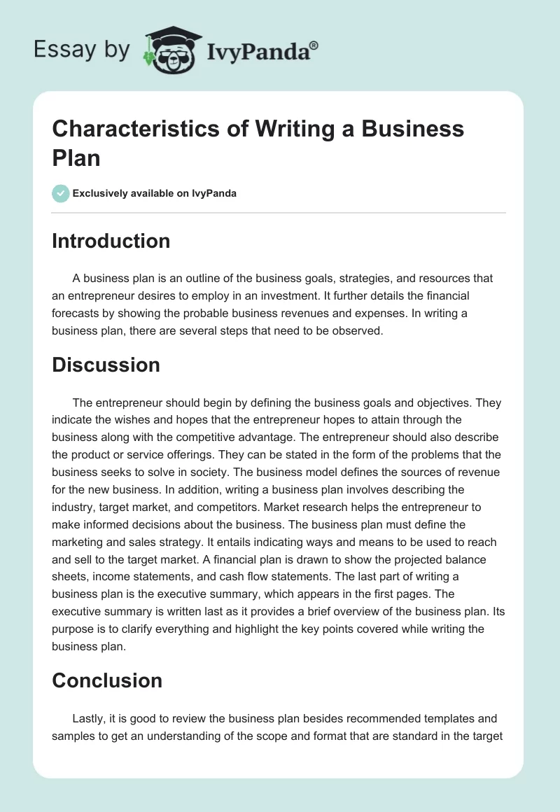 Characteristics of Writing a Business Plan. Page 1