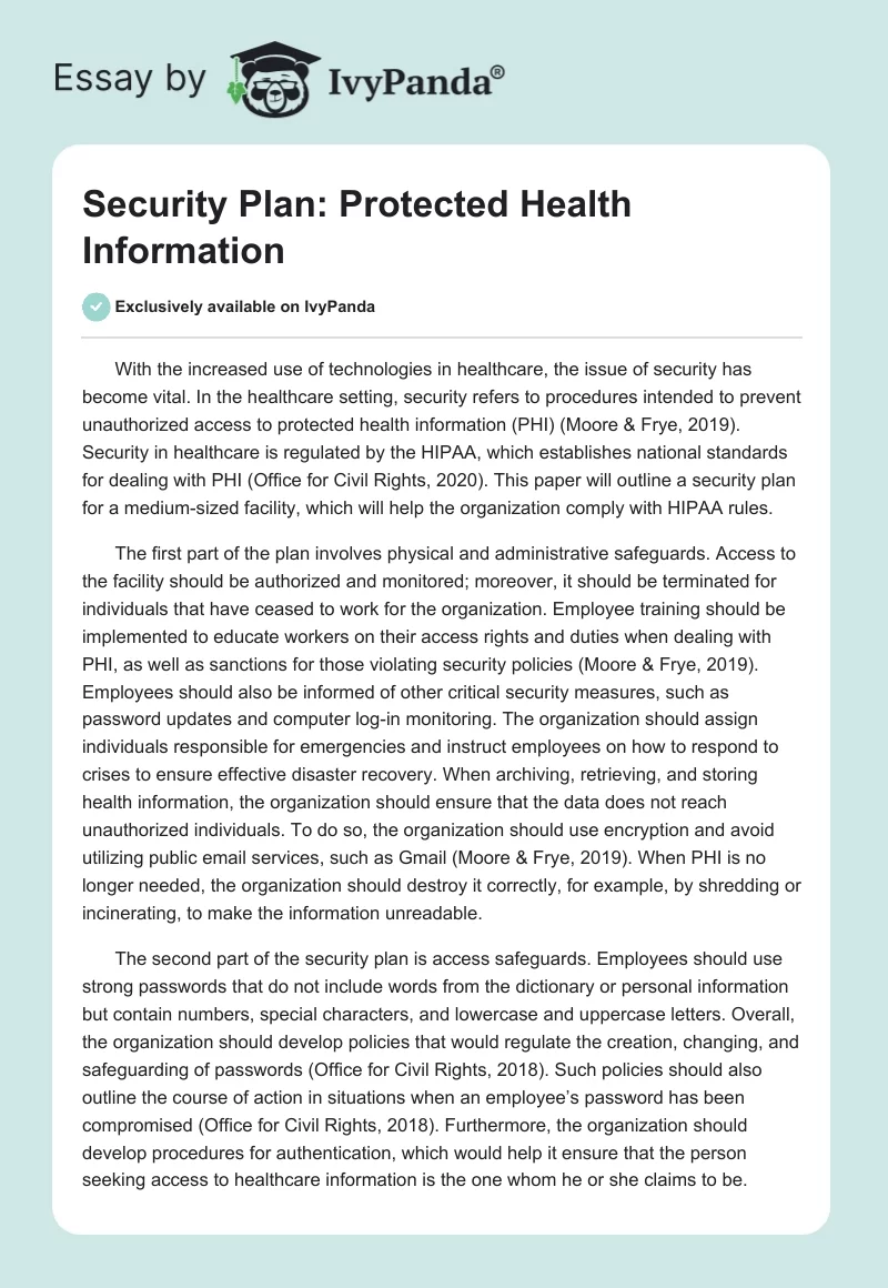 Security Plan: Protected Health Information. Page 1