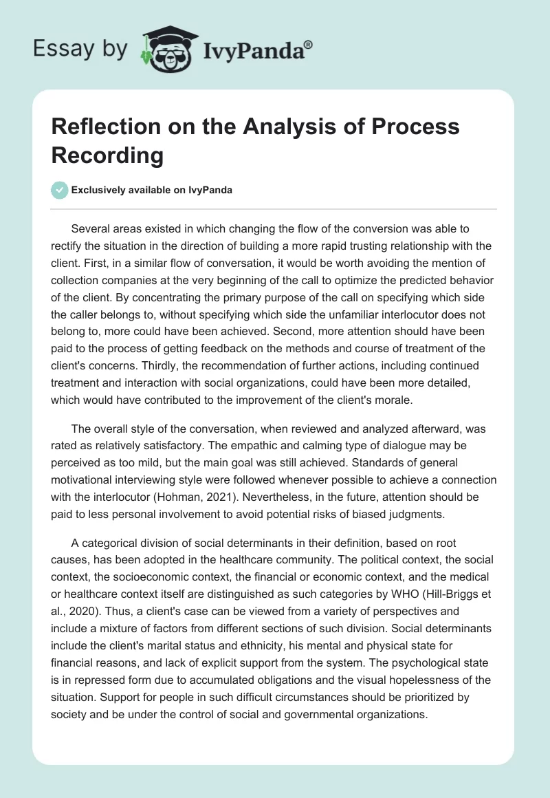 Reflection on the Analysis of Process Recording. Page 1