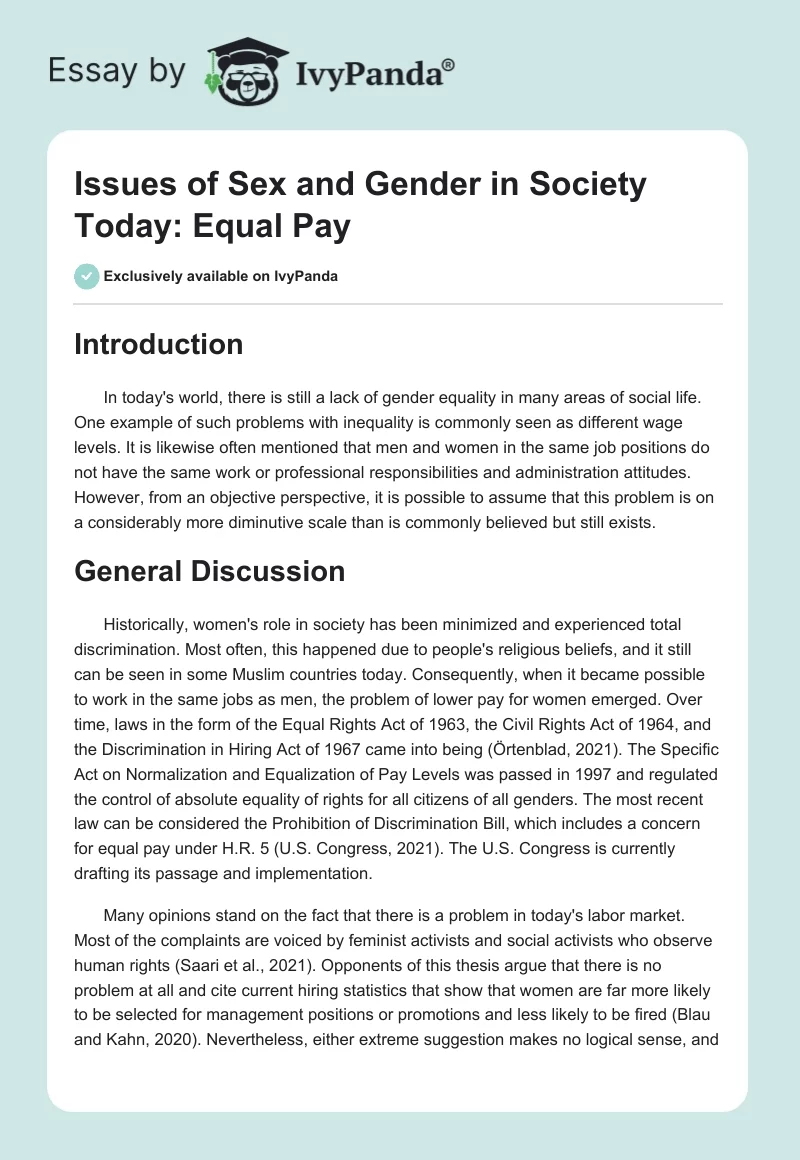 Issues of Sex and Gender in Society Today: Equal Pay. Page 1