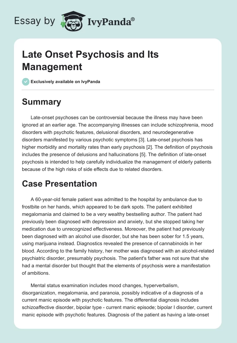 Late Onset Psychosis and Its Management. Page 1
