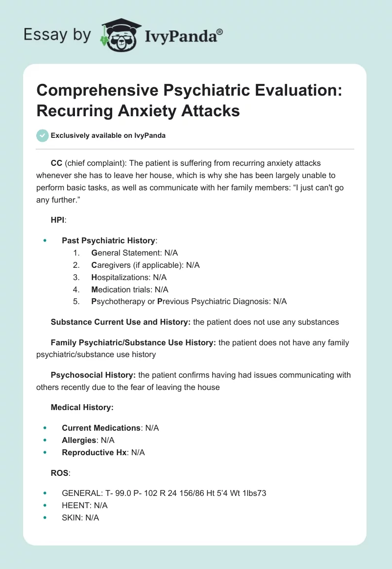 Comprehensive Psychiatric Evaluation: Recurring Anxiety Attacks. Page 1