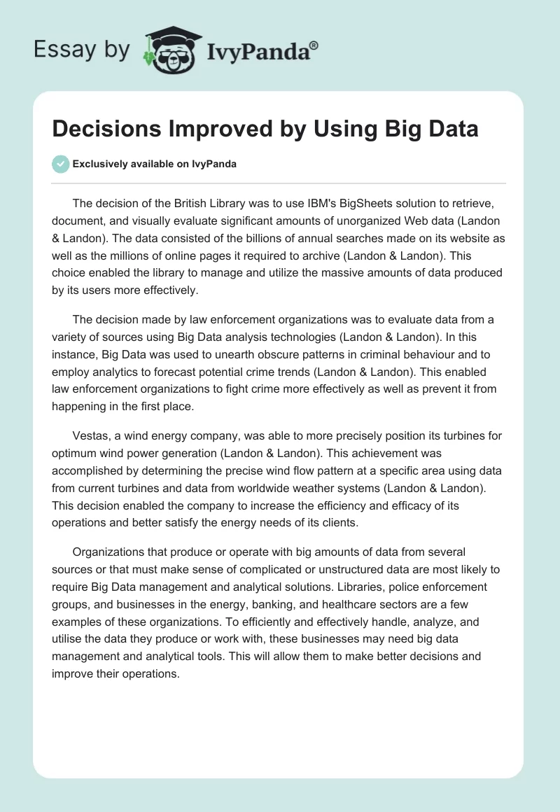Decisions Improved by Using Big Data. Page 1