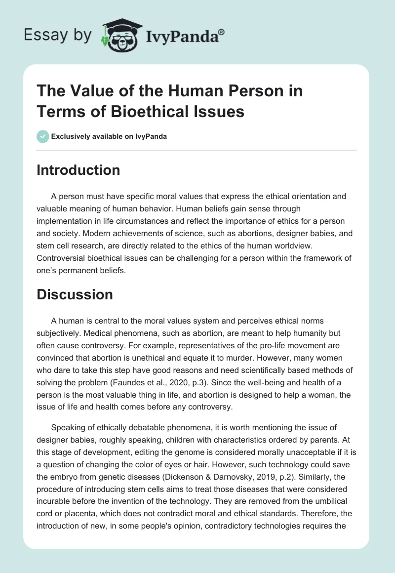 The Value of the Human Person in Terms of Bioethical Issues. Page 1