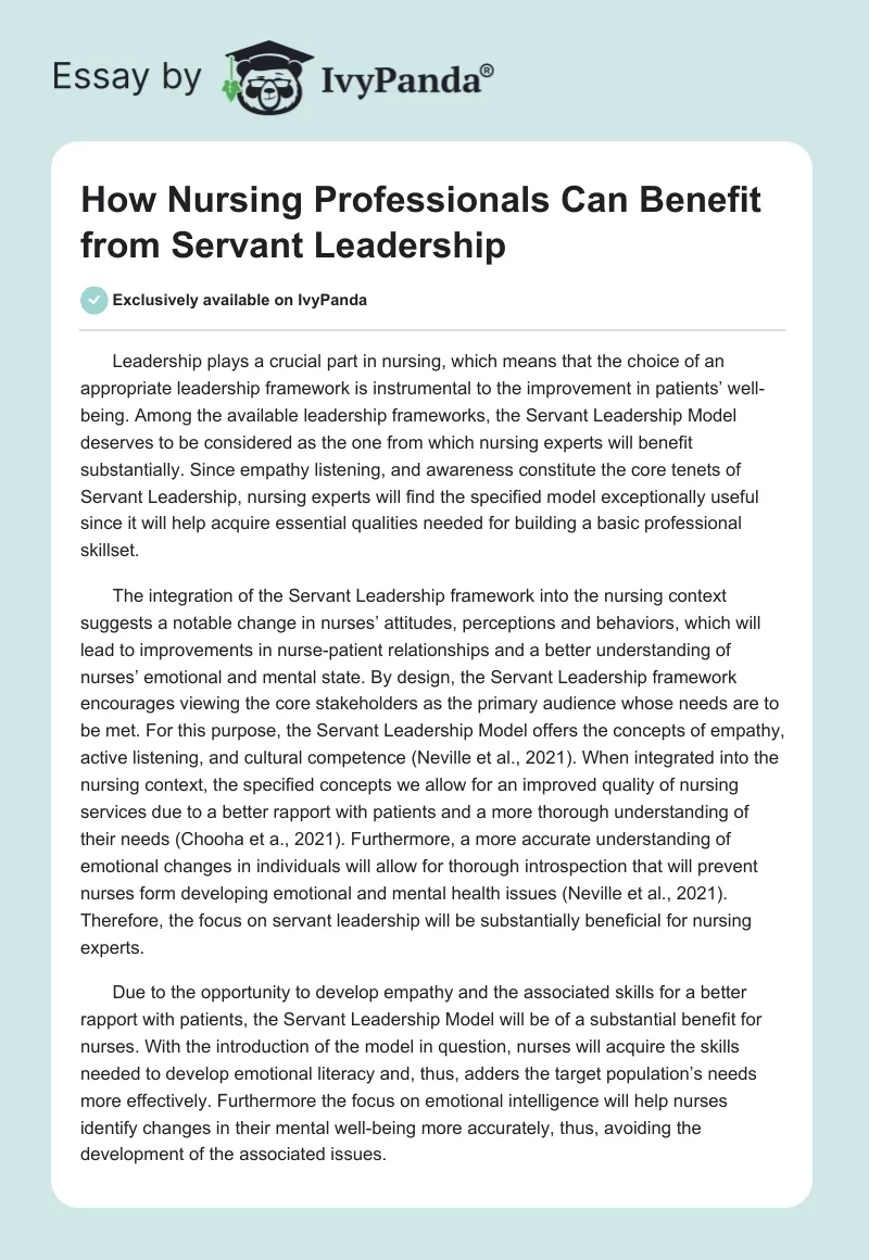 How Nursing Professionals Can Benefit From Servant Leadership. Page 1