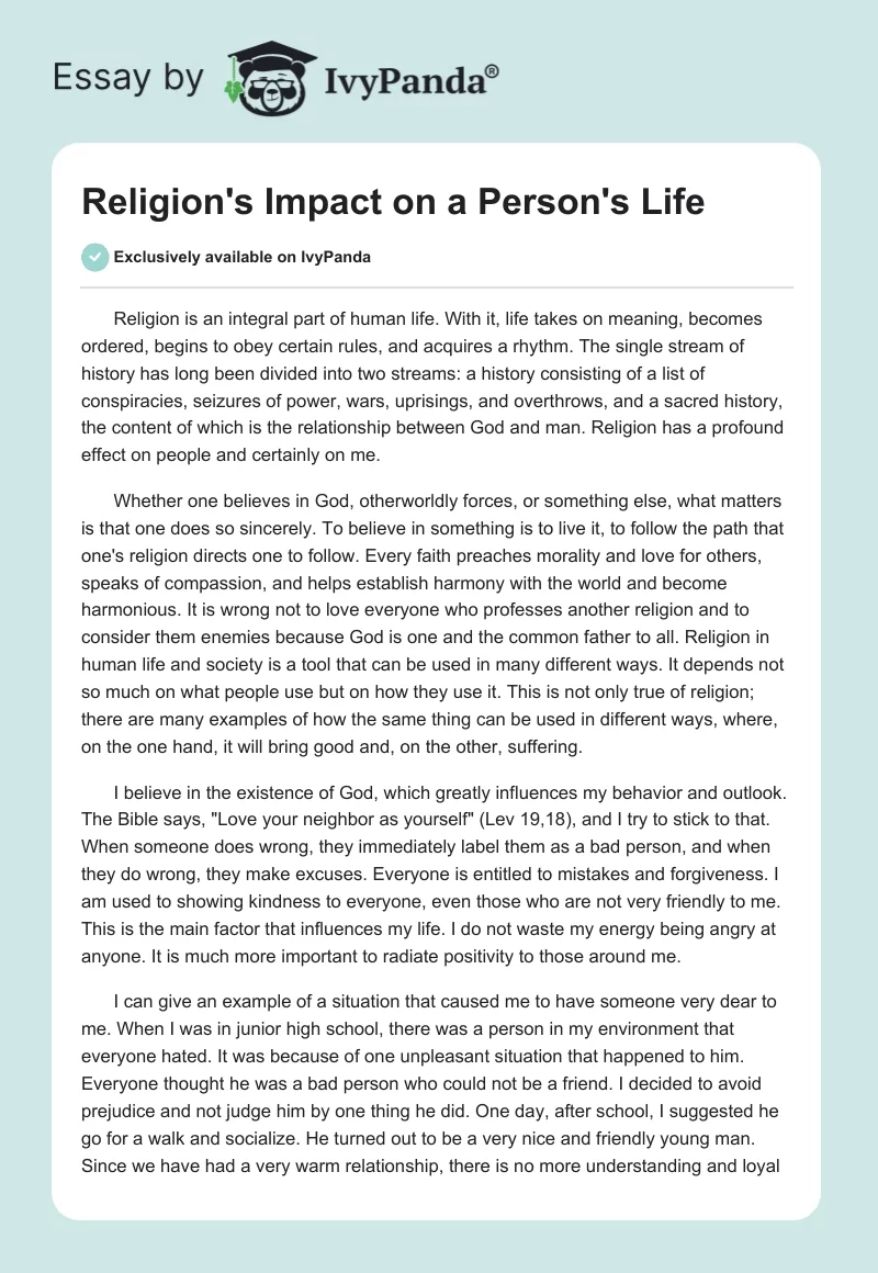 Religion's Impact on a Person's Life. Page 1