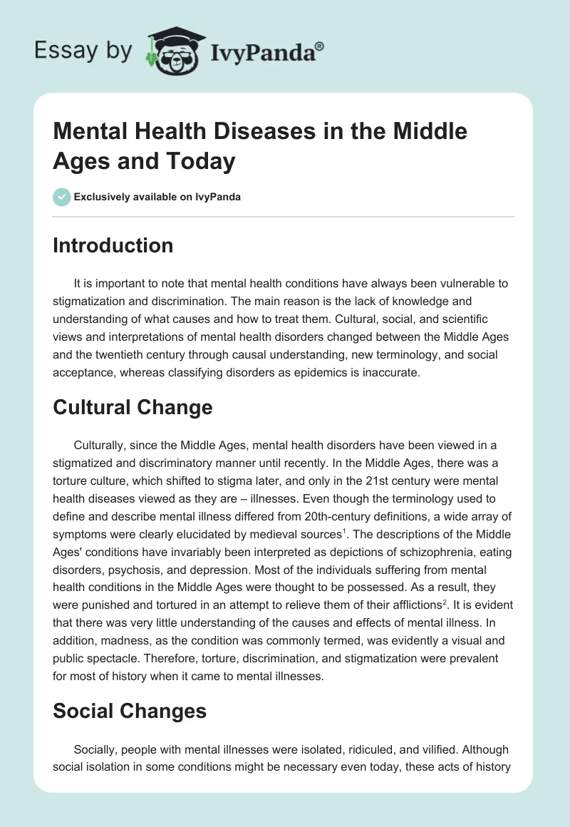 Mental Health Diseases in the Middle Ages and Today. Page 1