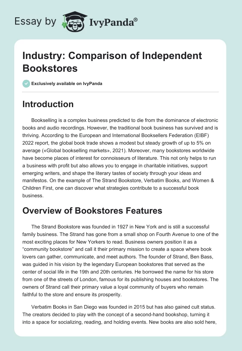 Industry: Comparison of Independent Bookstores. Page 1