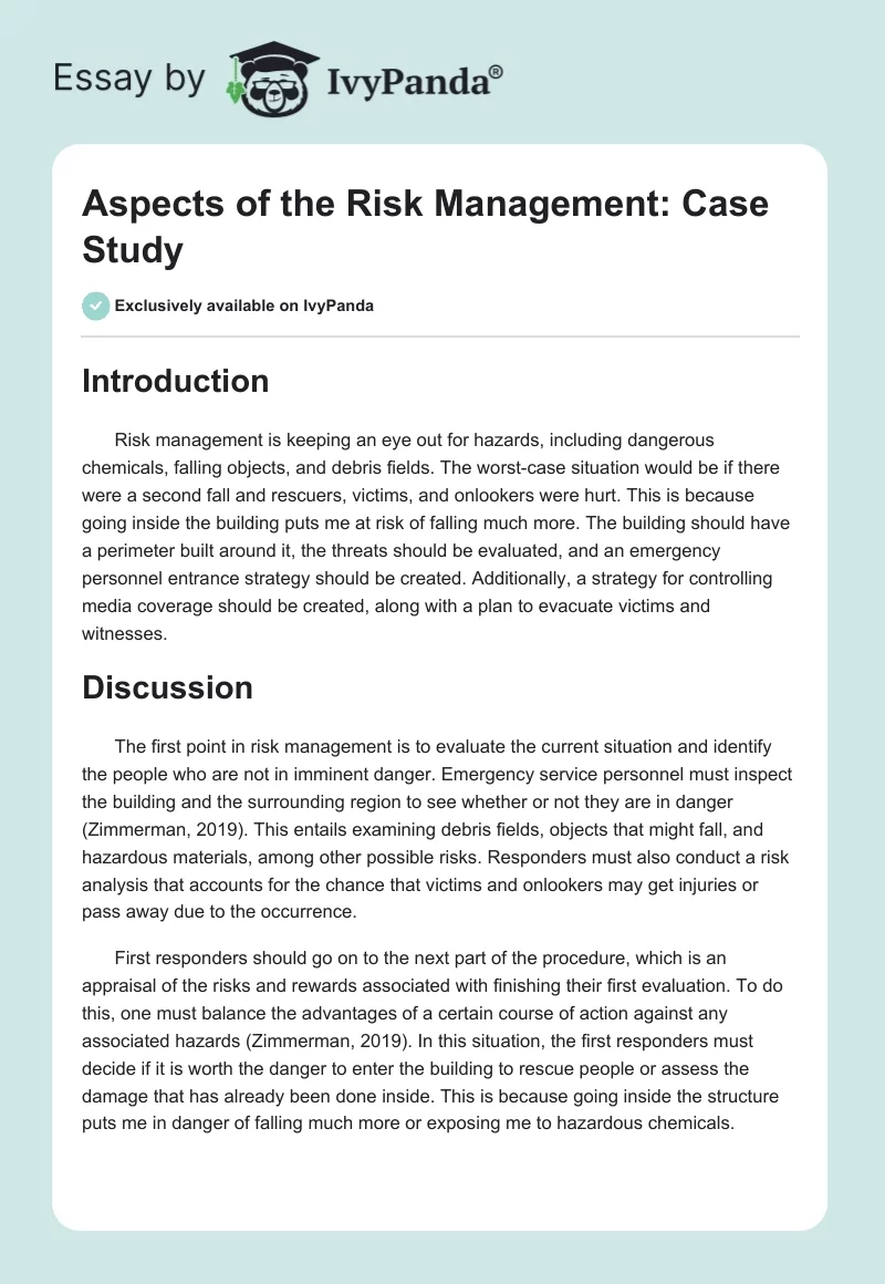Aspects of the Risk Management: Case Study. Page 1