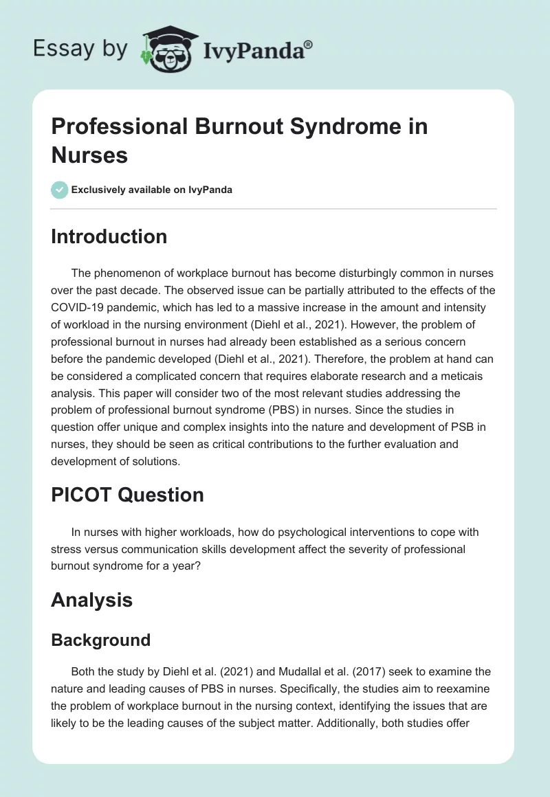 Professional Burnout Syndrome in Nurses. Page 1