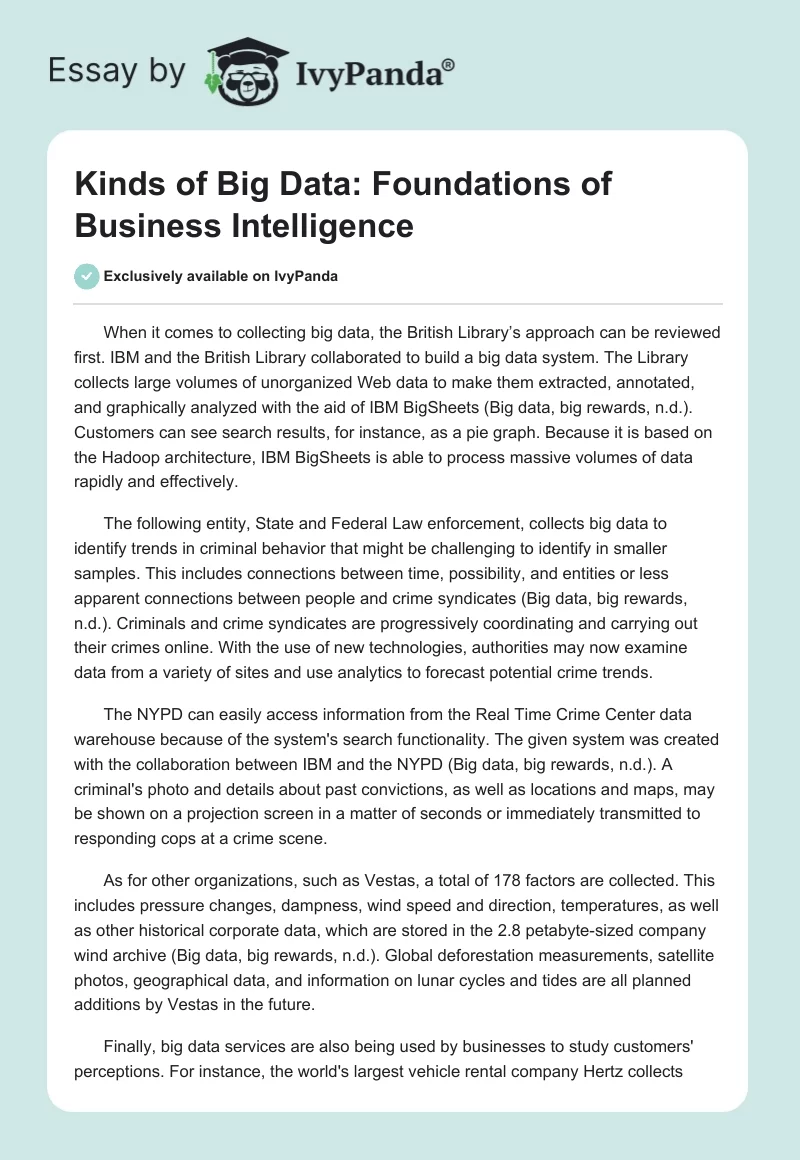 Kinds of Big Data: Foundations of Business Intelligence. Page 1