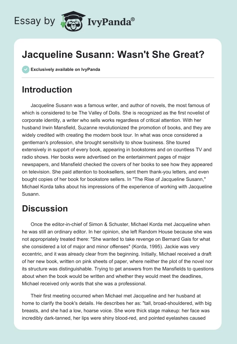 Jacqueline Susann: Wasn't She Great?. Page 1