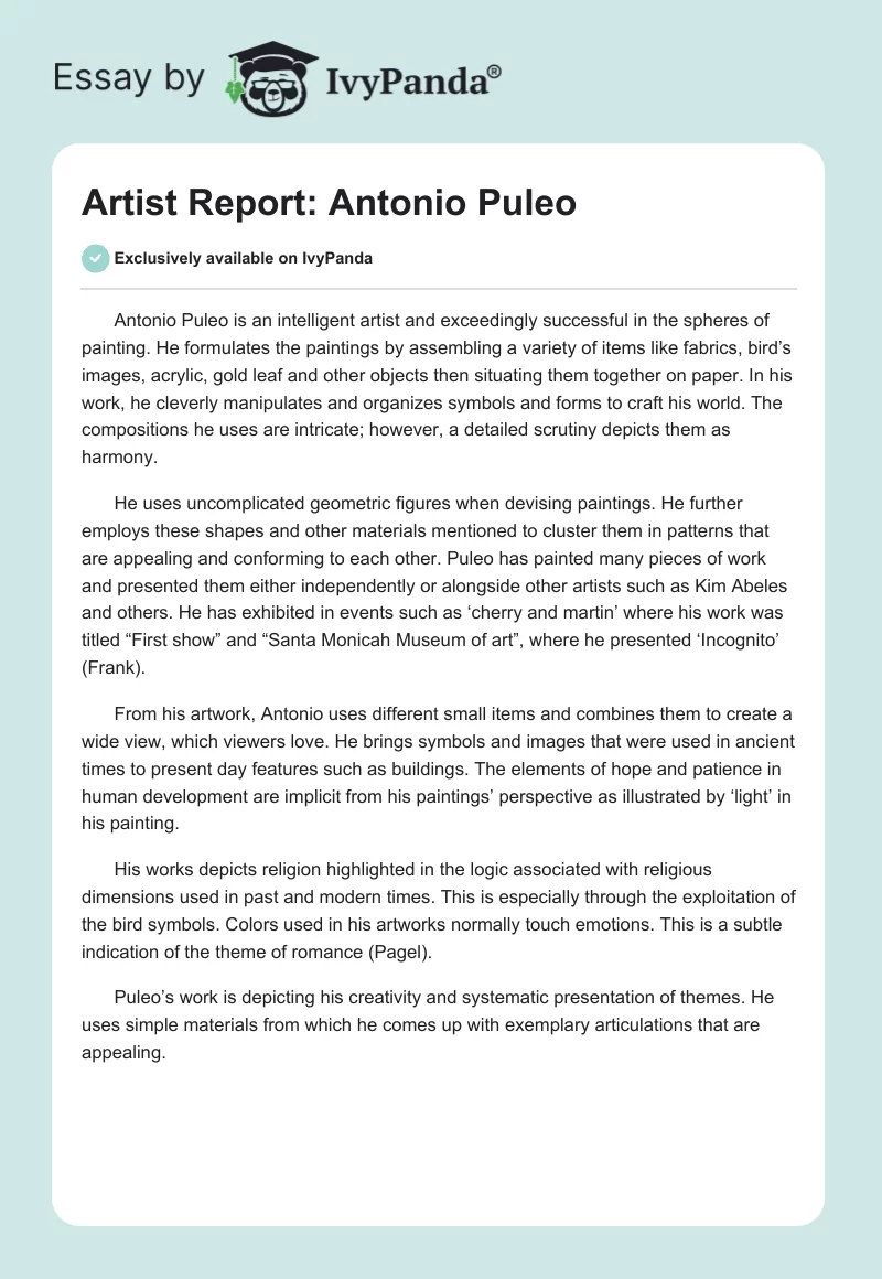 Artist Report: Antonio Puleo. Page 1
