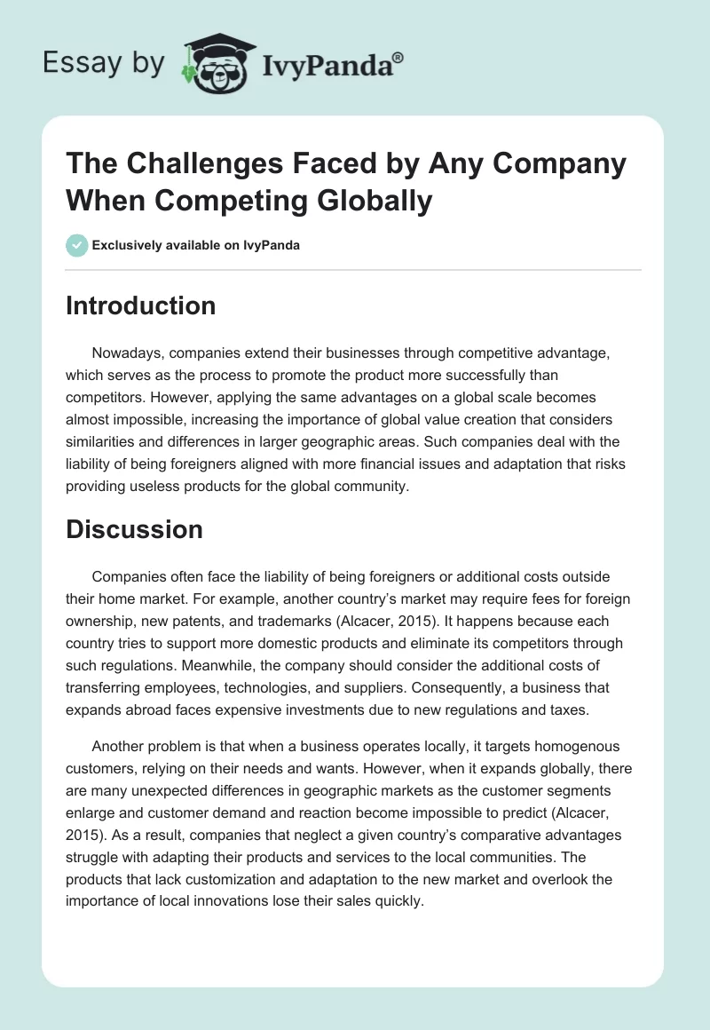 The Challenges Faced by Any Company When Competing Globally. Page 1