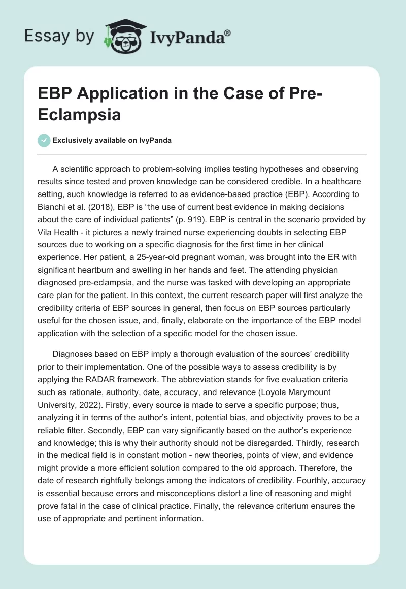 EBP Application in the Case of Pre-Eclampsia. Page 1