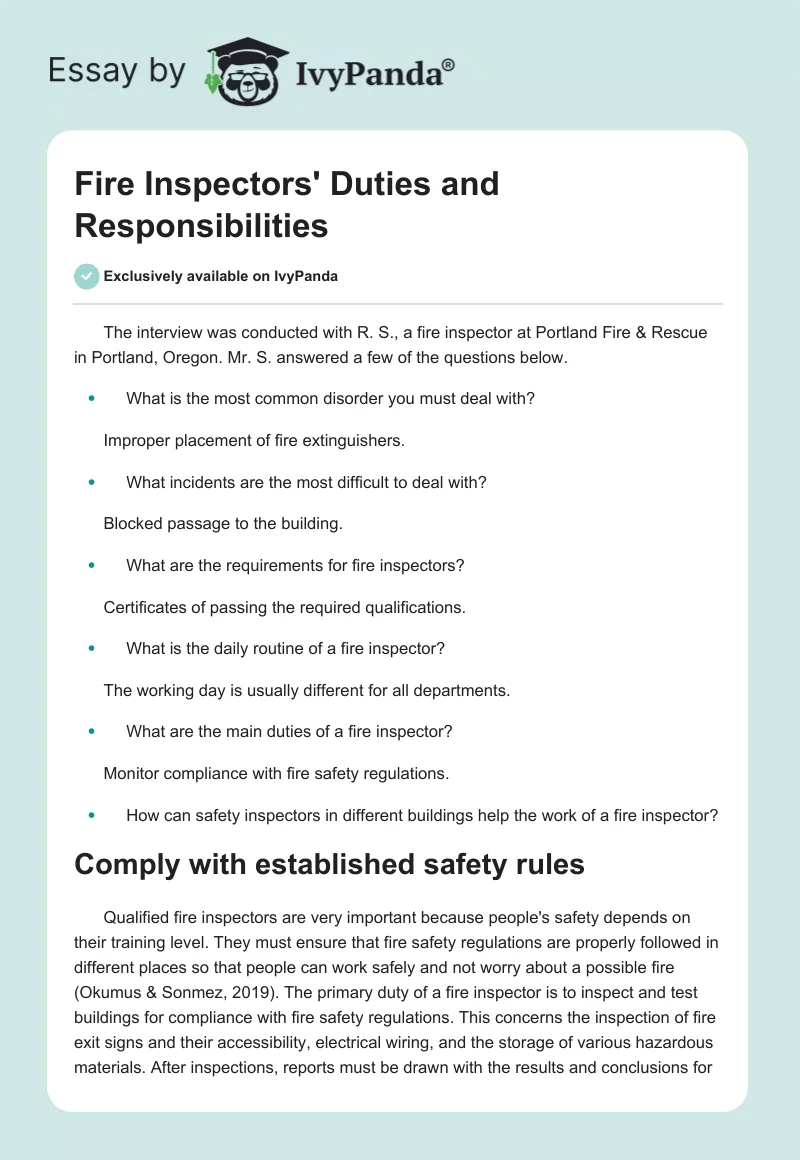 Fire Inspectors' Duties and Responsibilities. Page 1