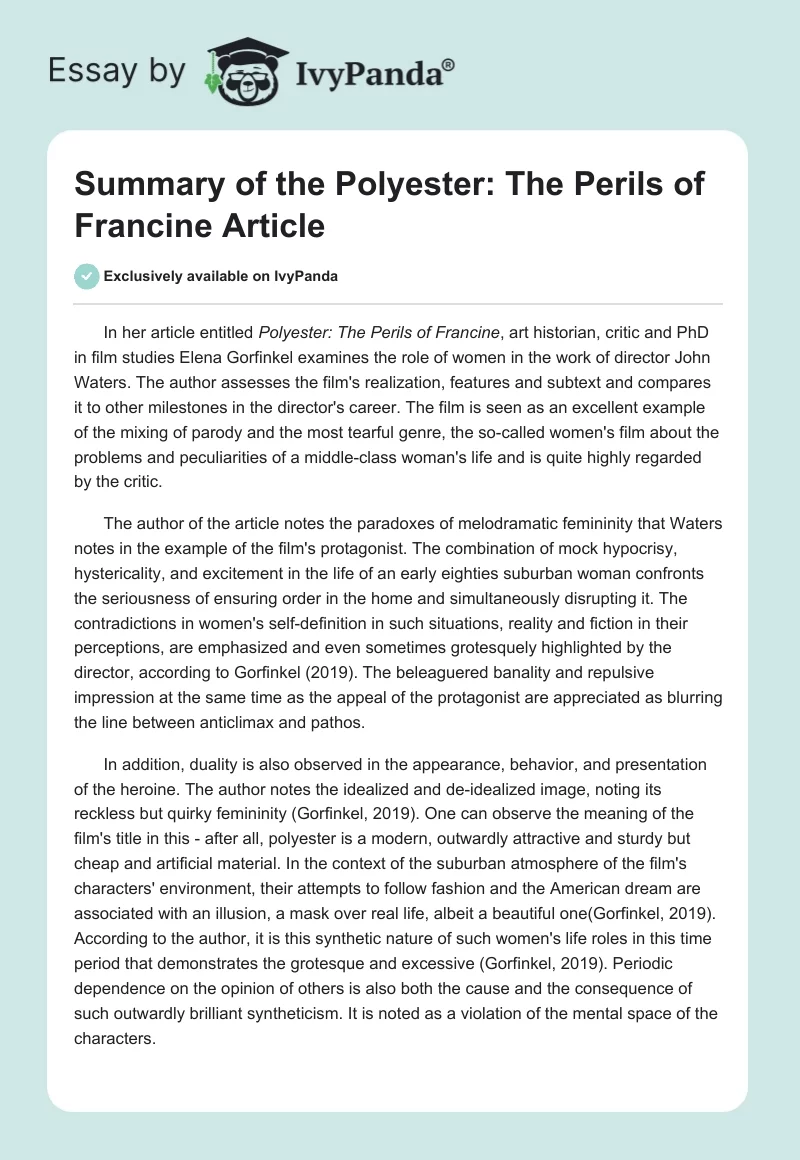 Summary of the "Polyester: The Perils of Francine" Article. Page 1