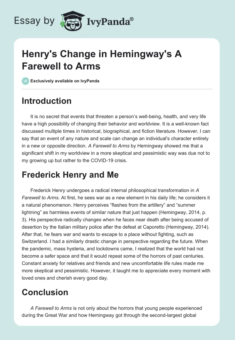 Henry's Change in Hemingway's A Farewell to Arms. Page 1