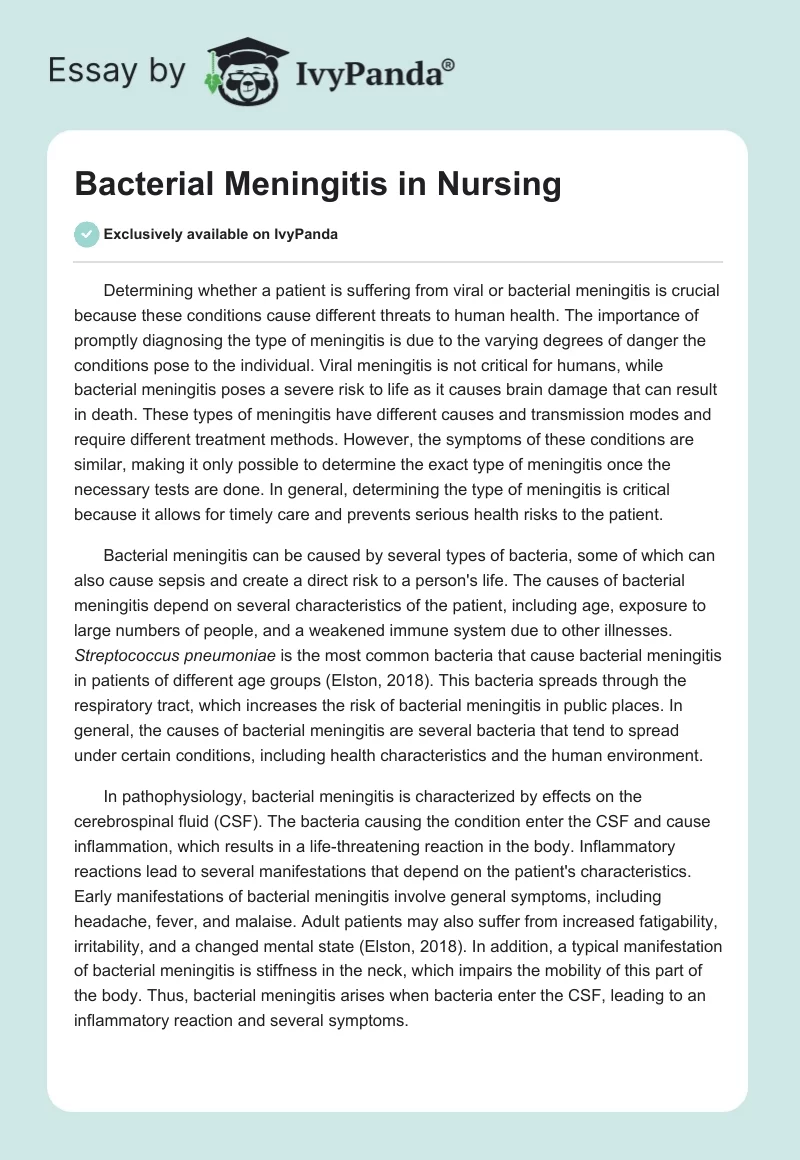 Bacterial Meningitis in Nursing. Page 1