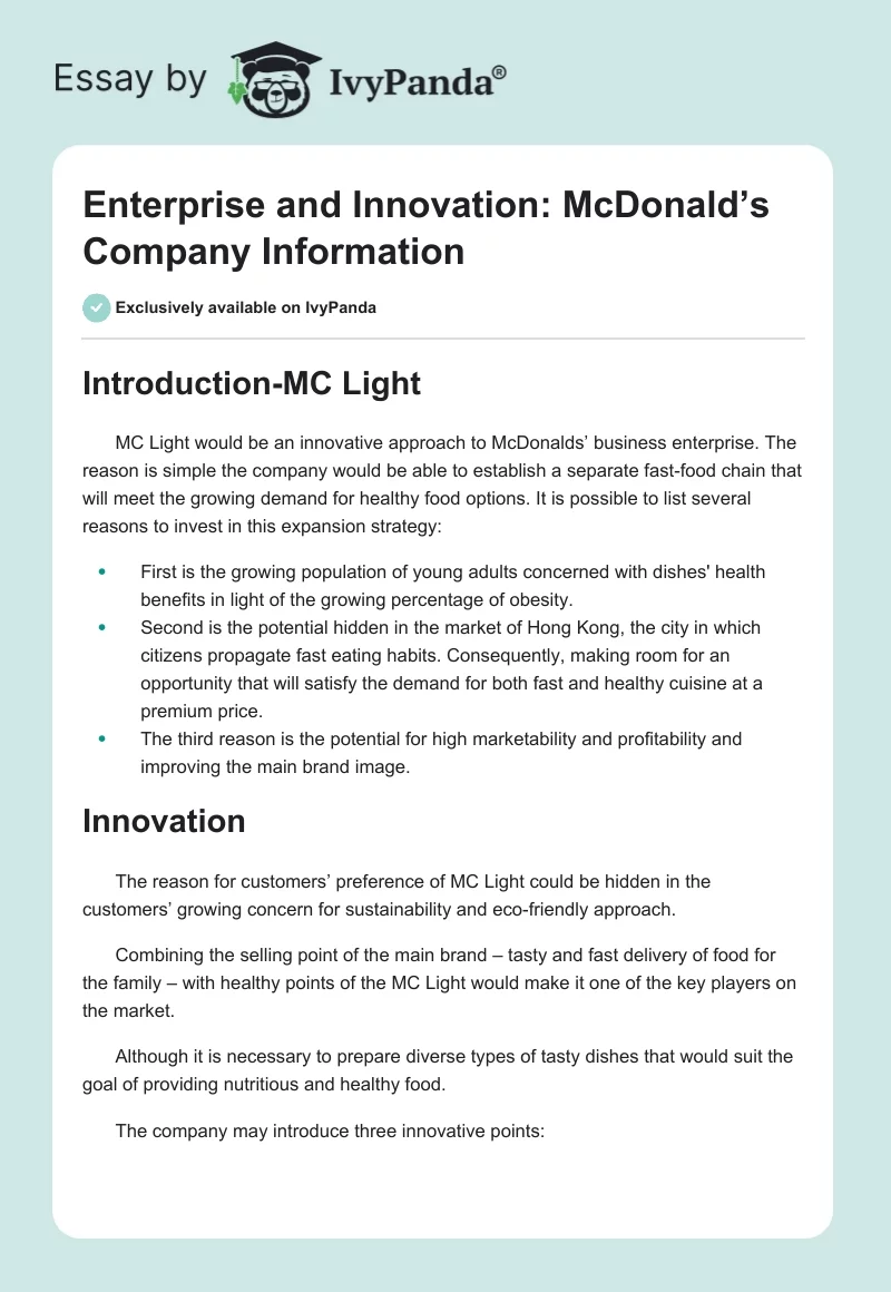 Enterprise and Innovation: McDonald’s Company Information. Page 1