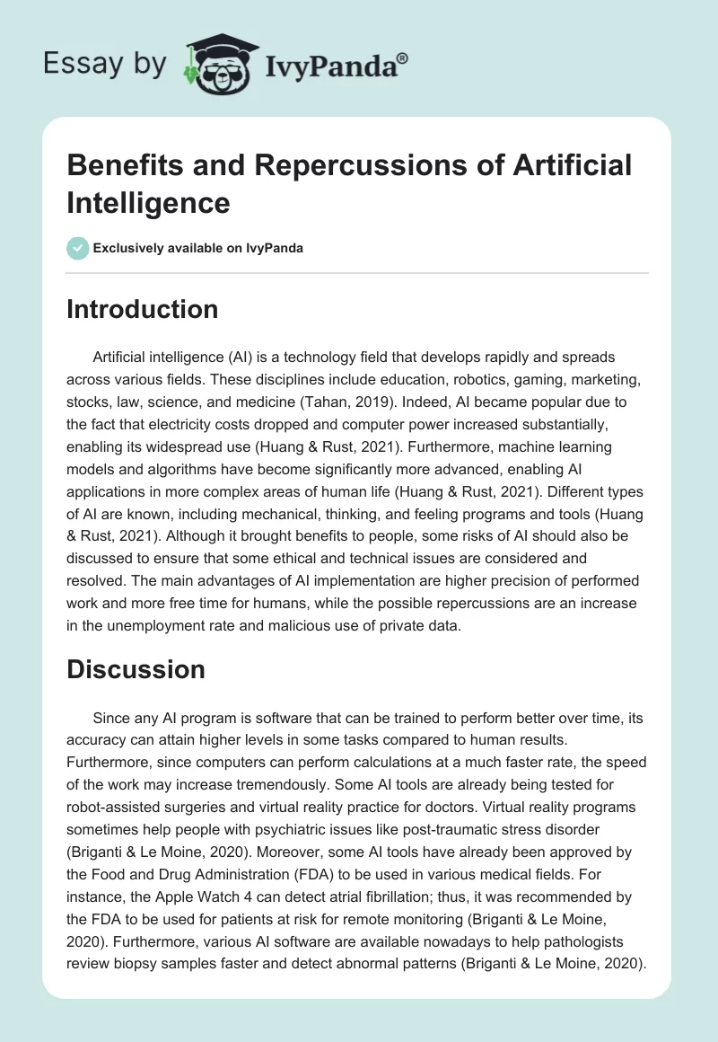 Benefits and Repercussions of Artificial Intelligence. Page 1