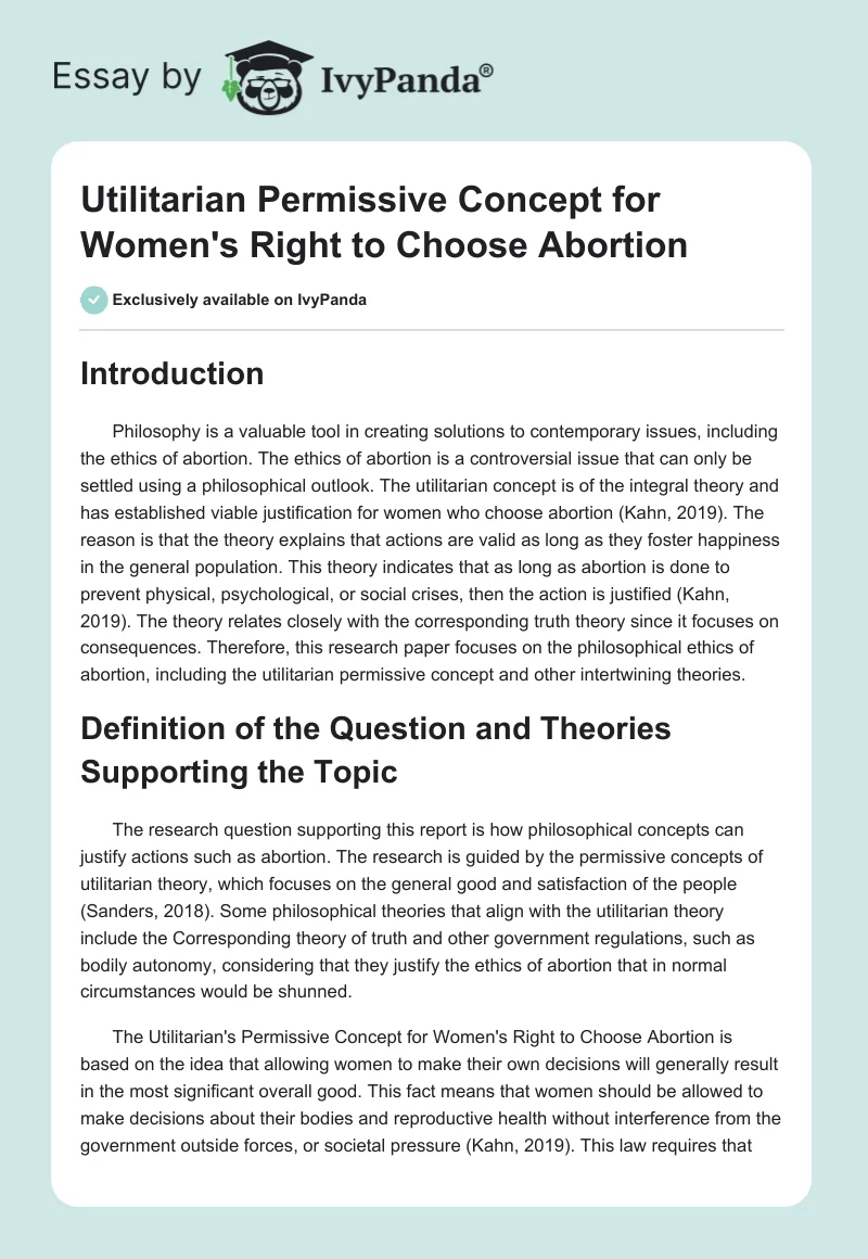 Utilitarian Permissive Concept for Women's Right to Choose Abortion. Page 1