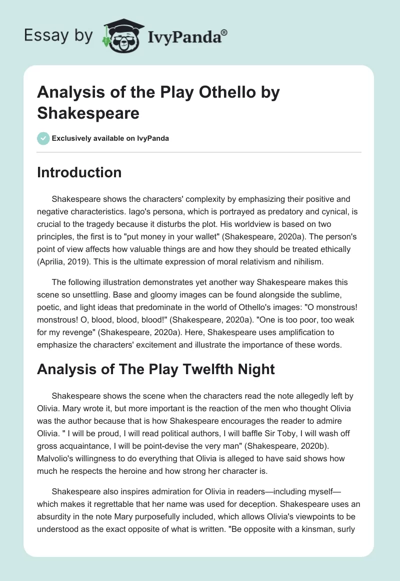 Play Analysis: Shakespeare’s “Othello” and “Twelfth Night”. Page 1