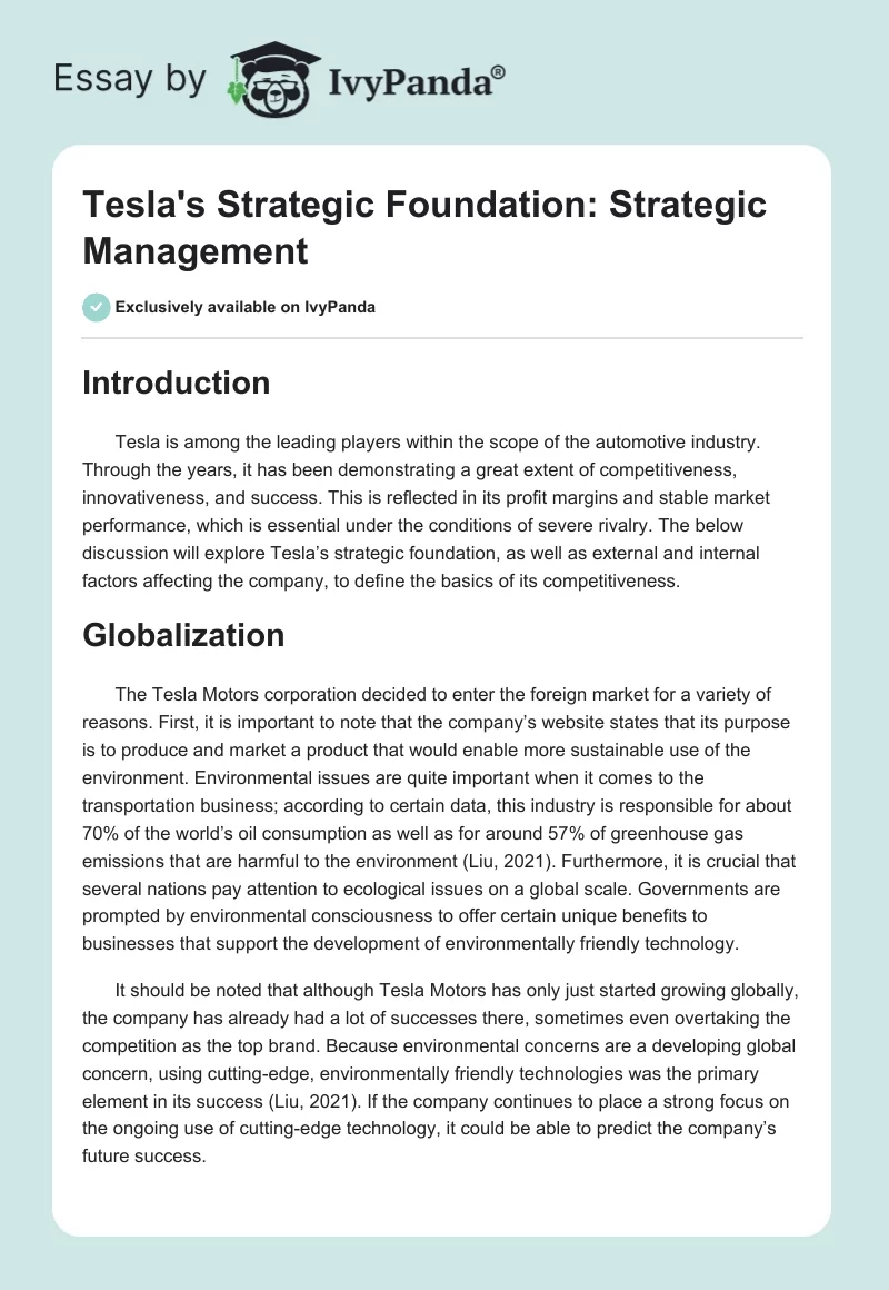 Tesla's Strategic Foundation: Strategic Management. Page 1