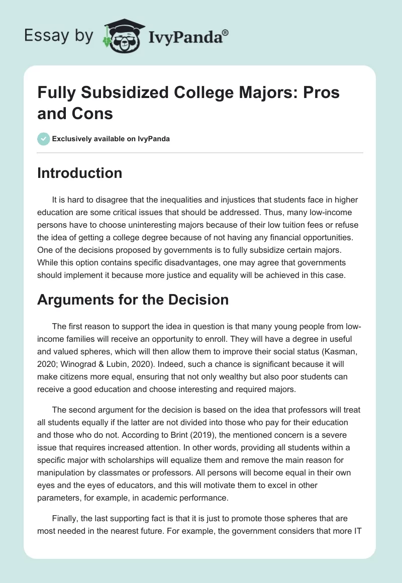 Fully Subsidized College Majors: Pros and Cons. Page 1