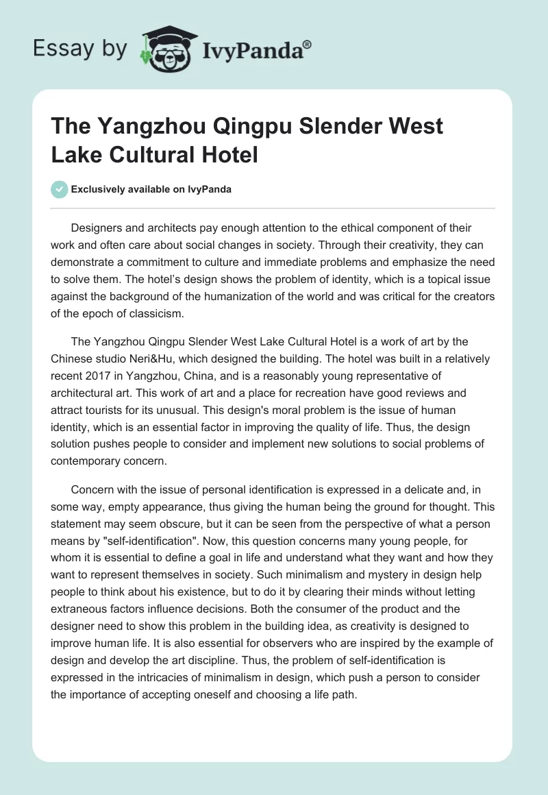 The Yangzhou Qingpu Slender West Lake Cultural Hotel. Page 1