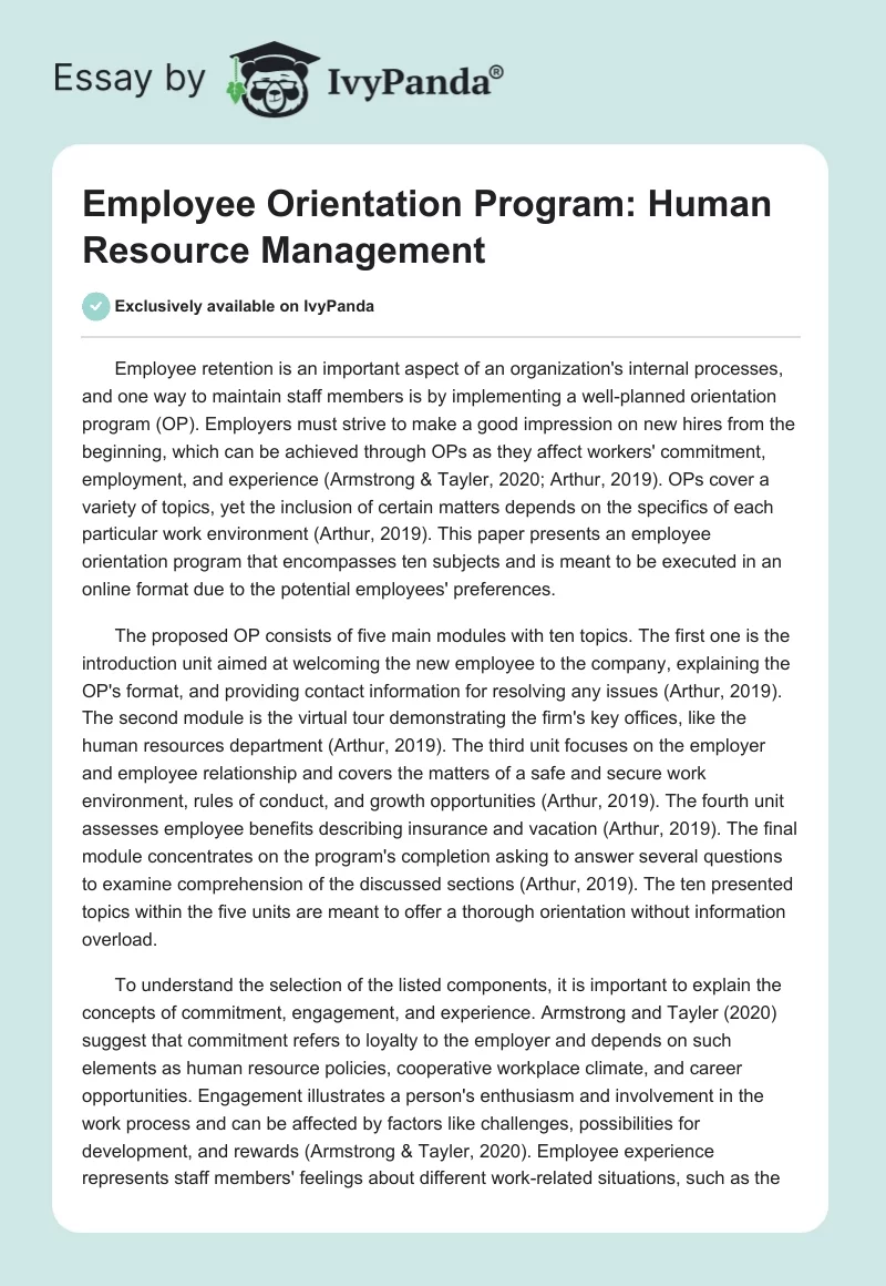Employee Orientation Program: Human Resource Management. Page 1