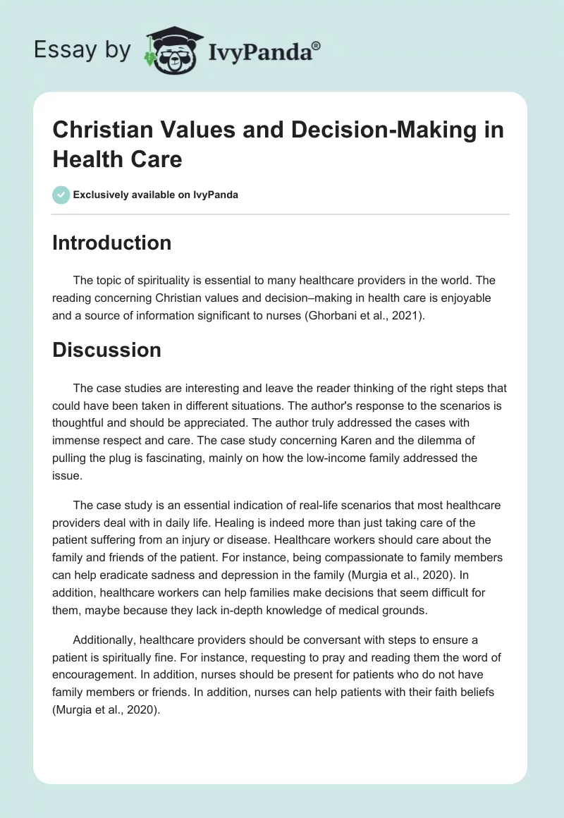 Christian Values and Decision-Making in Health Care. Page 1