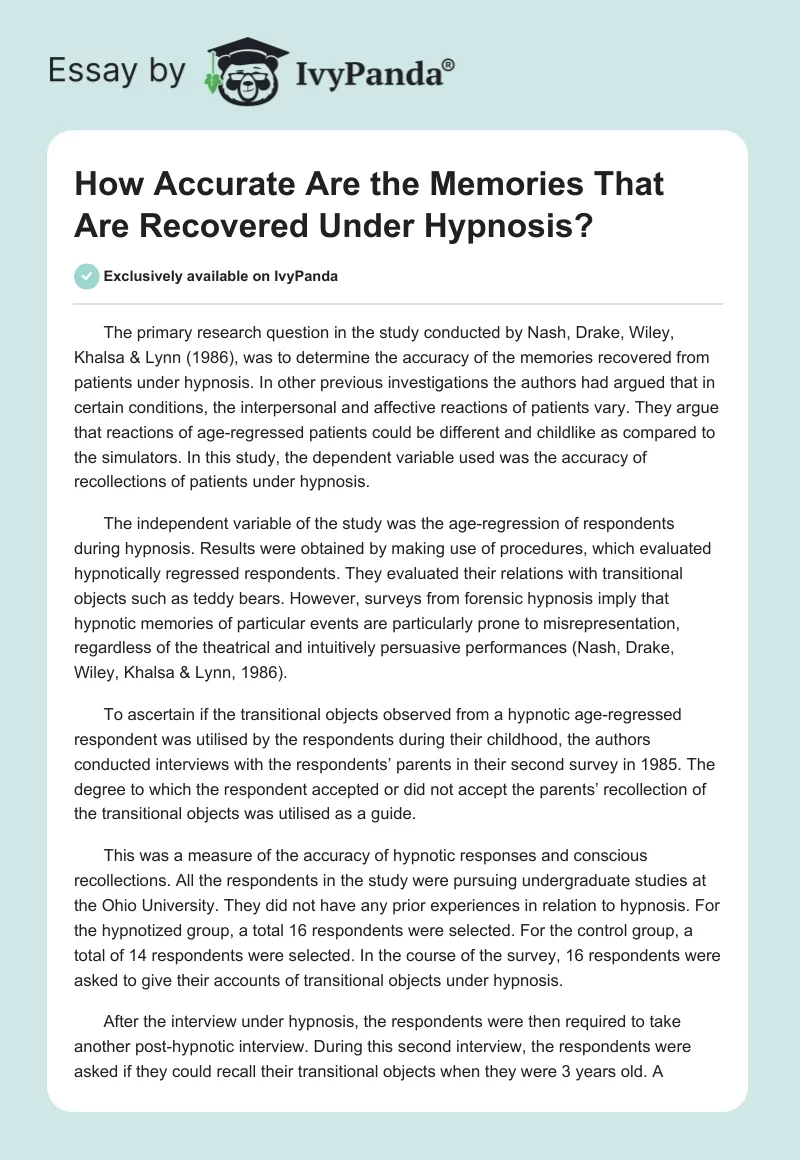 How Accurate Are the Memories That Are Recovered Under Hypnosis?. Page 1