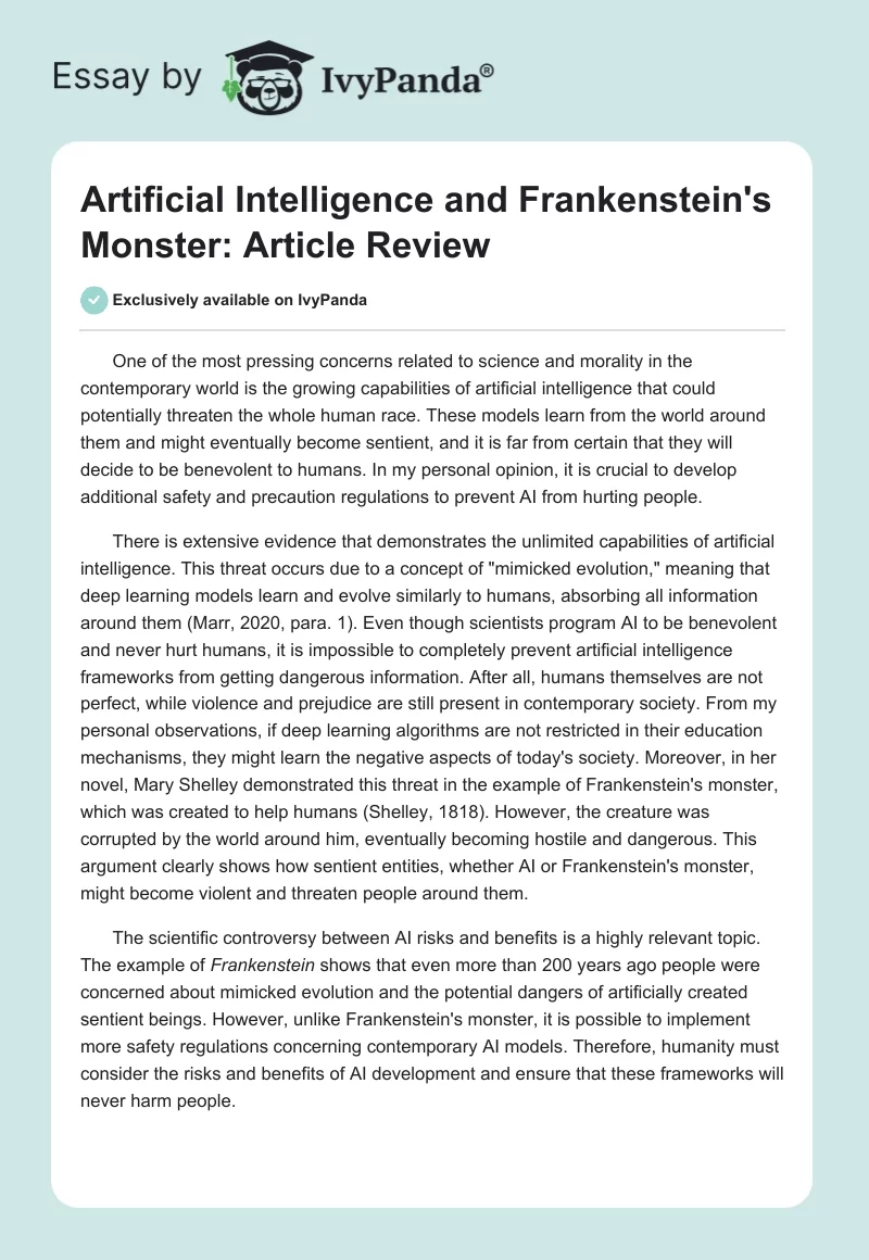 Artificial Intelligence and Frankenstein's Monster: Article Review. Page 1