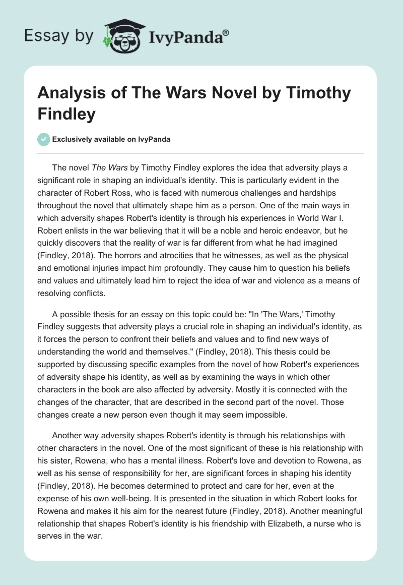 Analysis of "The Wars" Novel by Timothy Findley. Page 1